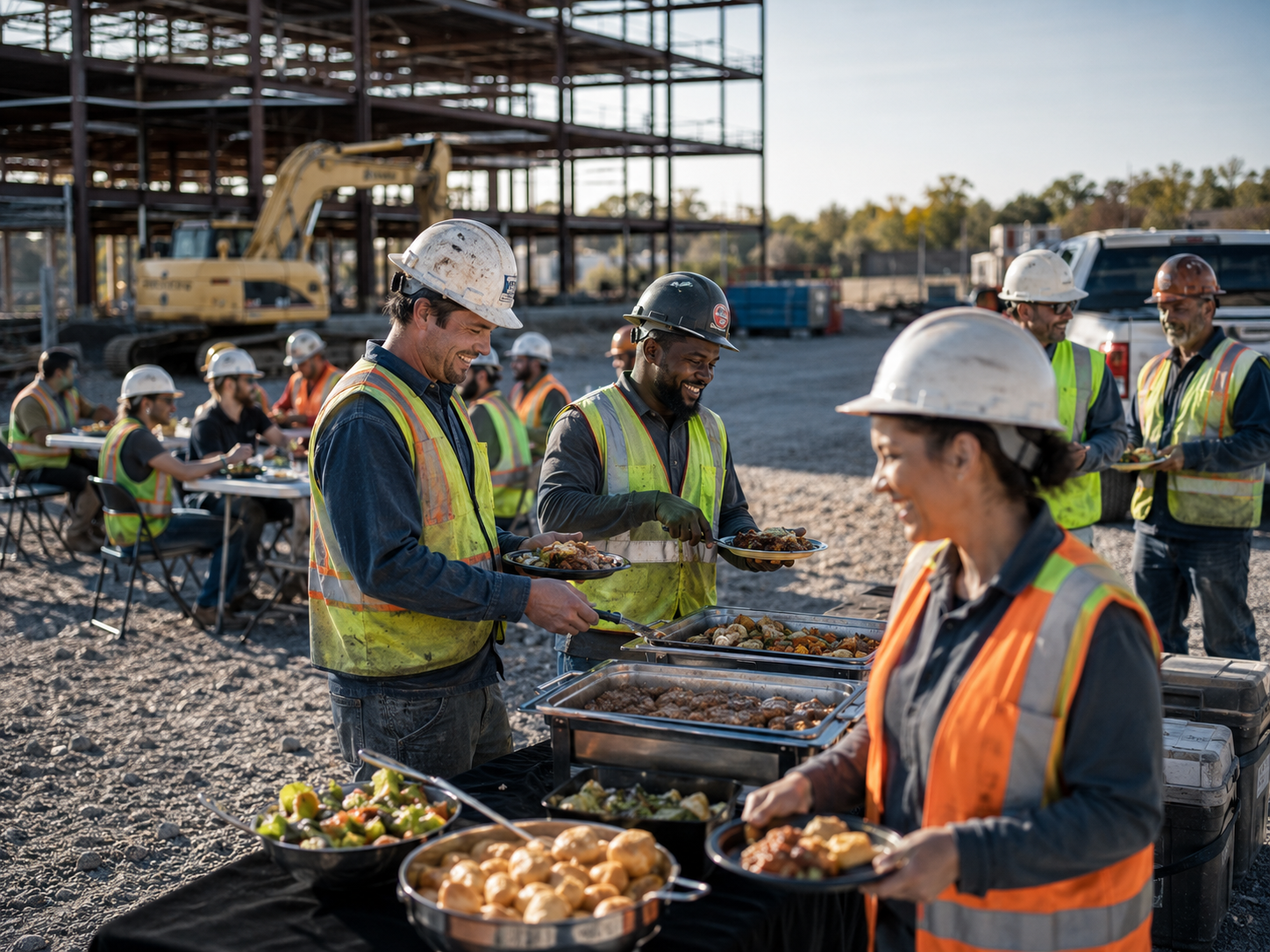 Construction crew enjoying jobsite catering